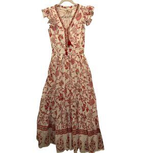 nibi-mtk red white toile floral print flutter sleeve Bohemian Beach Dress XS
